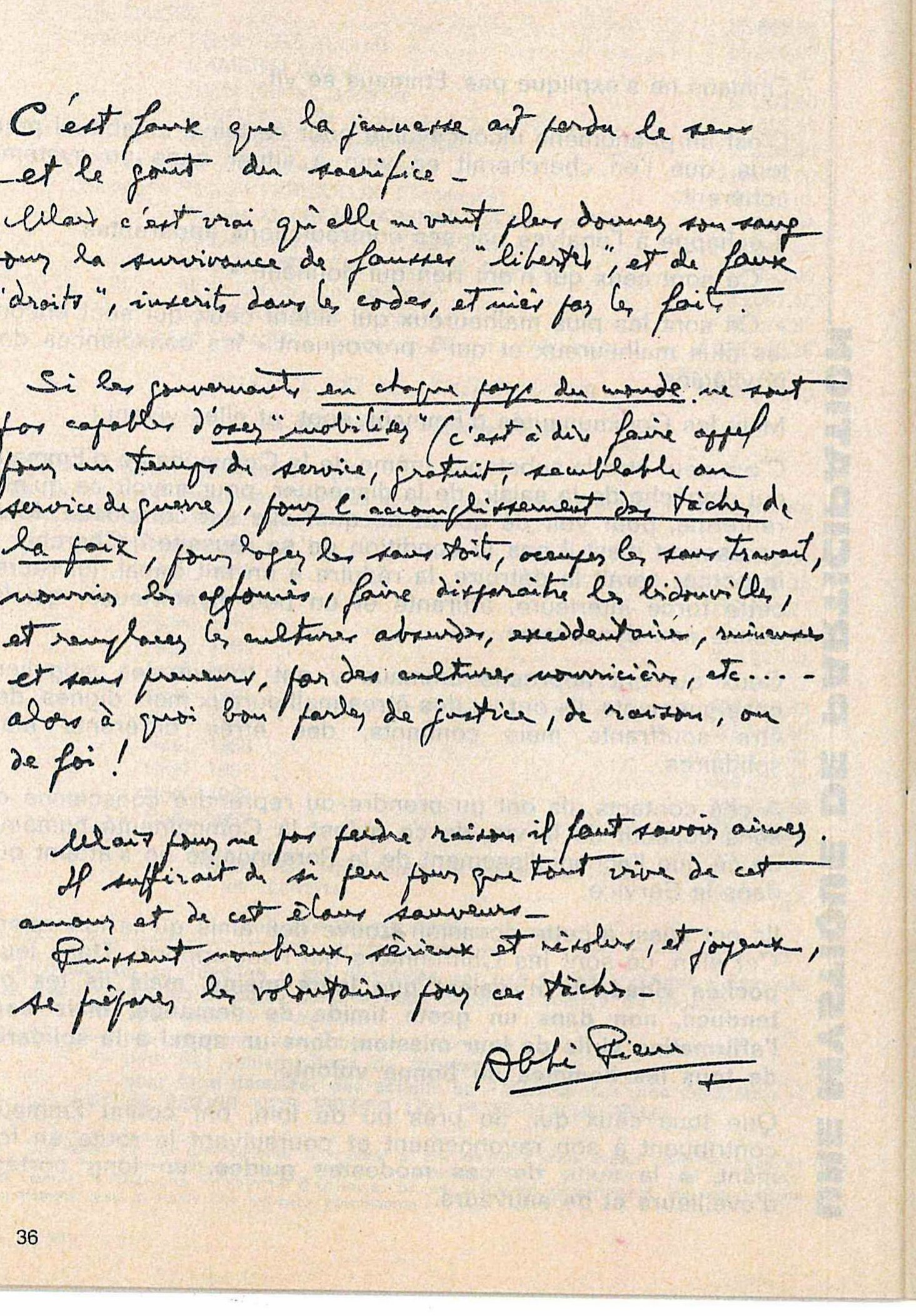 Faksimile eines handschriftlichen Briefs mit der Unterschrift von Abbé Pierre