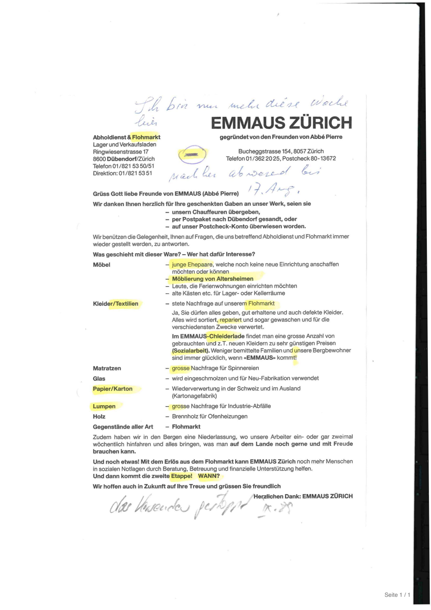 Erste Seite: Rundbrief an die Freunde von EMMAUS