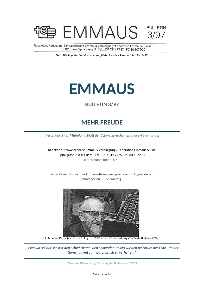 Erste Seite (deutsche Übersetzung): Vereinsbulletin «Mehr Freude — Plus de Joie». Zwei Seiten mit Patenkinder-Fotos und -Namen sind zum Schutz der Persönlichkeitsrechte entfernt.