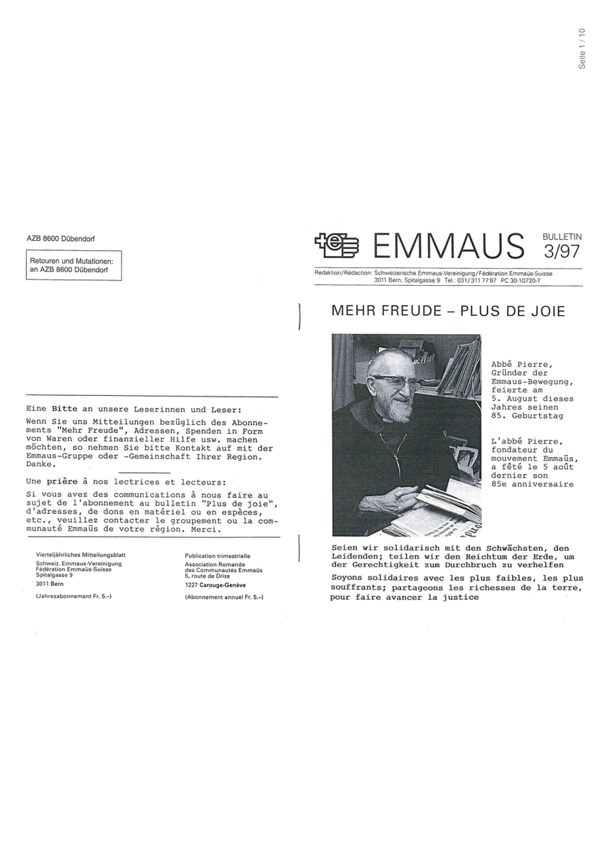 Erste Seite (Original): Vereinsbulletin «Mehr Freude — Plus de Joie». Zwei Seiten mit Patenkinder-Fotos und -Namen sind zum Schutz der Persönlichkeitsrechte entfernt.