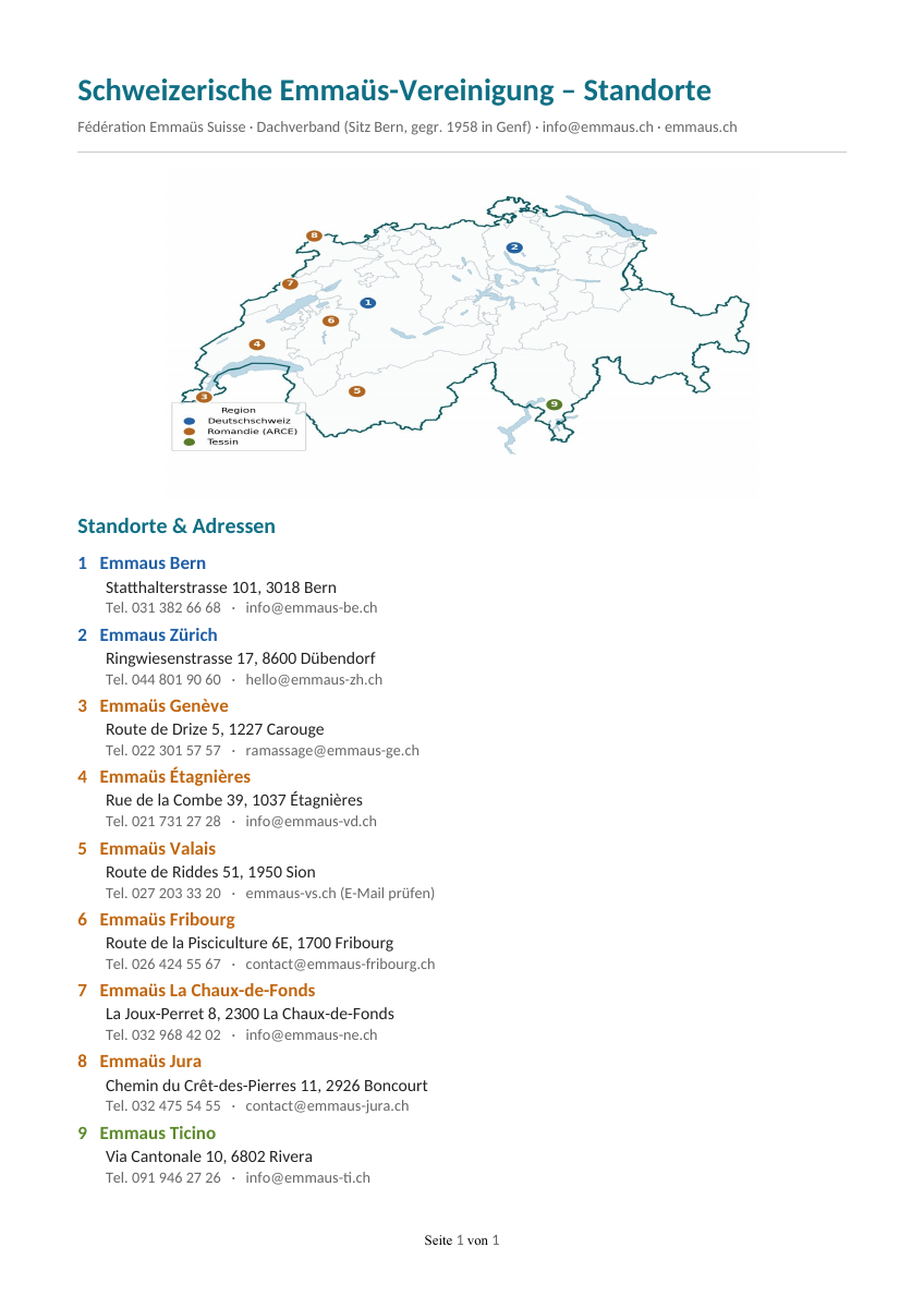 Erste Seite: Alle Standorte der Schweizer Emmaus-Bewegung (Arbeitsdatei 2026)