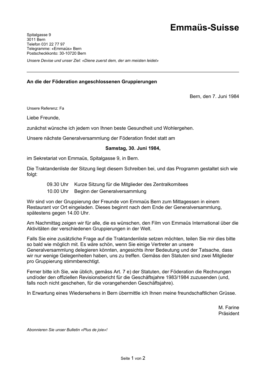 Erste Seite (deutsche Übersetzung): Brief der Föderation Emmaüs-Suisse