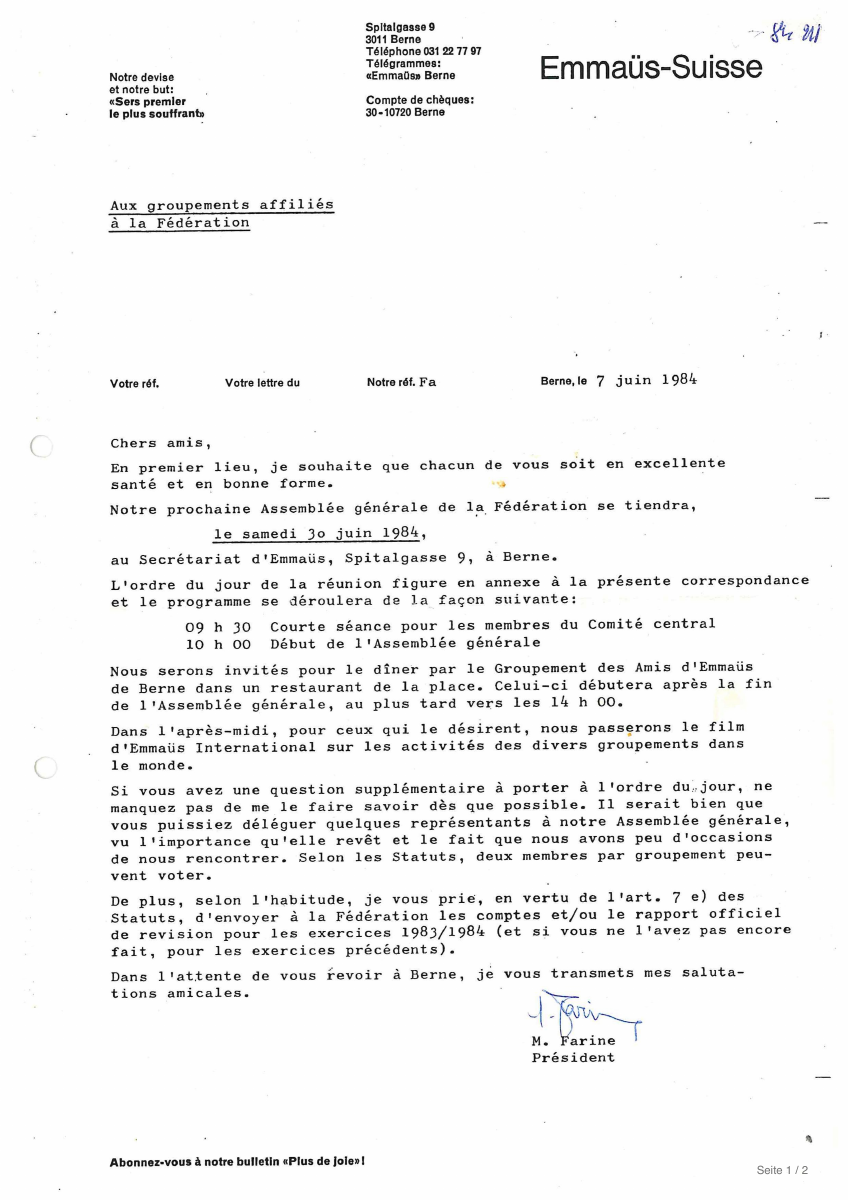 Erste Seite (Original): Brief der Föderation Emmaüs-Suisse