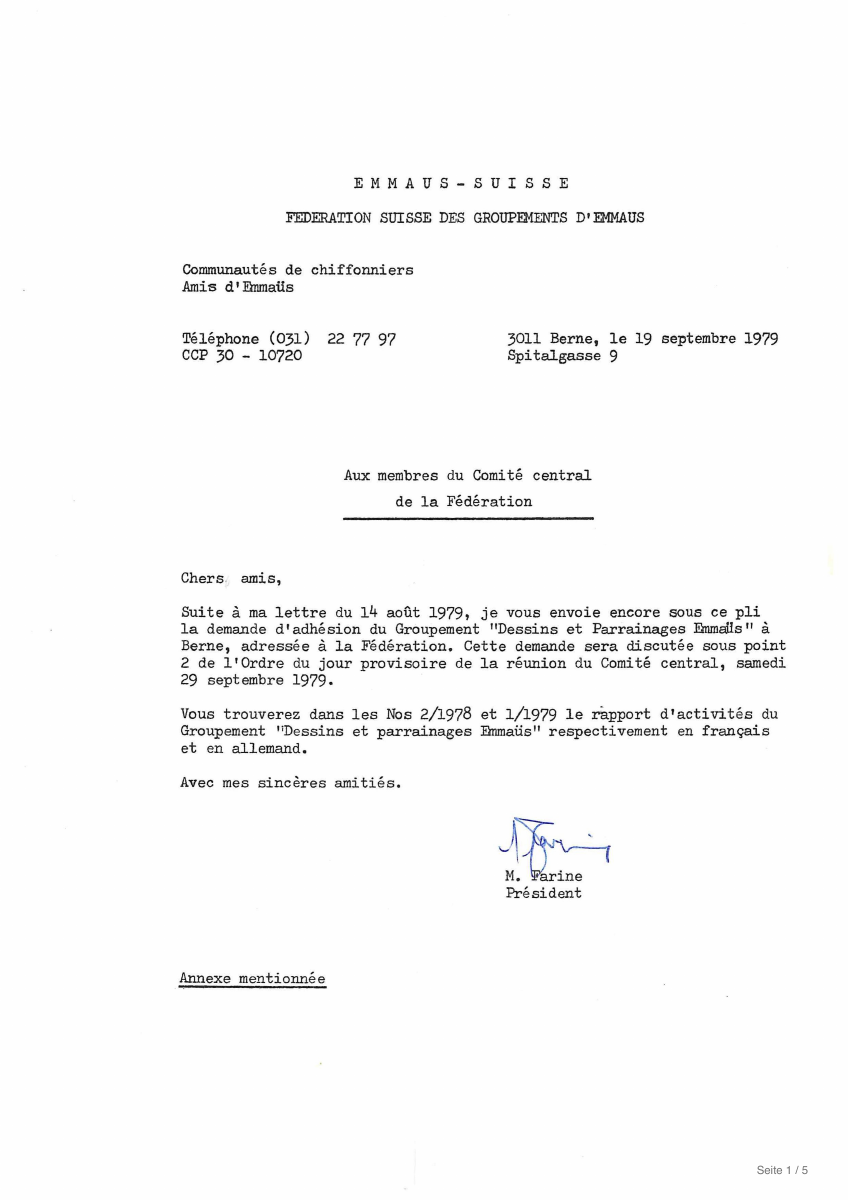Erste Seite (Original): Korrespondenz der Föderation Emmaüs-Suisse
