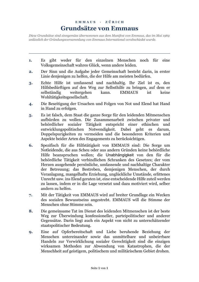 Erste Seite: Manifest von Emmaus International, verabschiedet 1969 in Bern