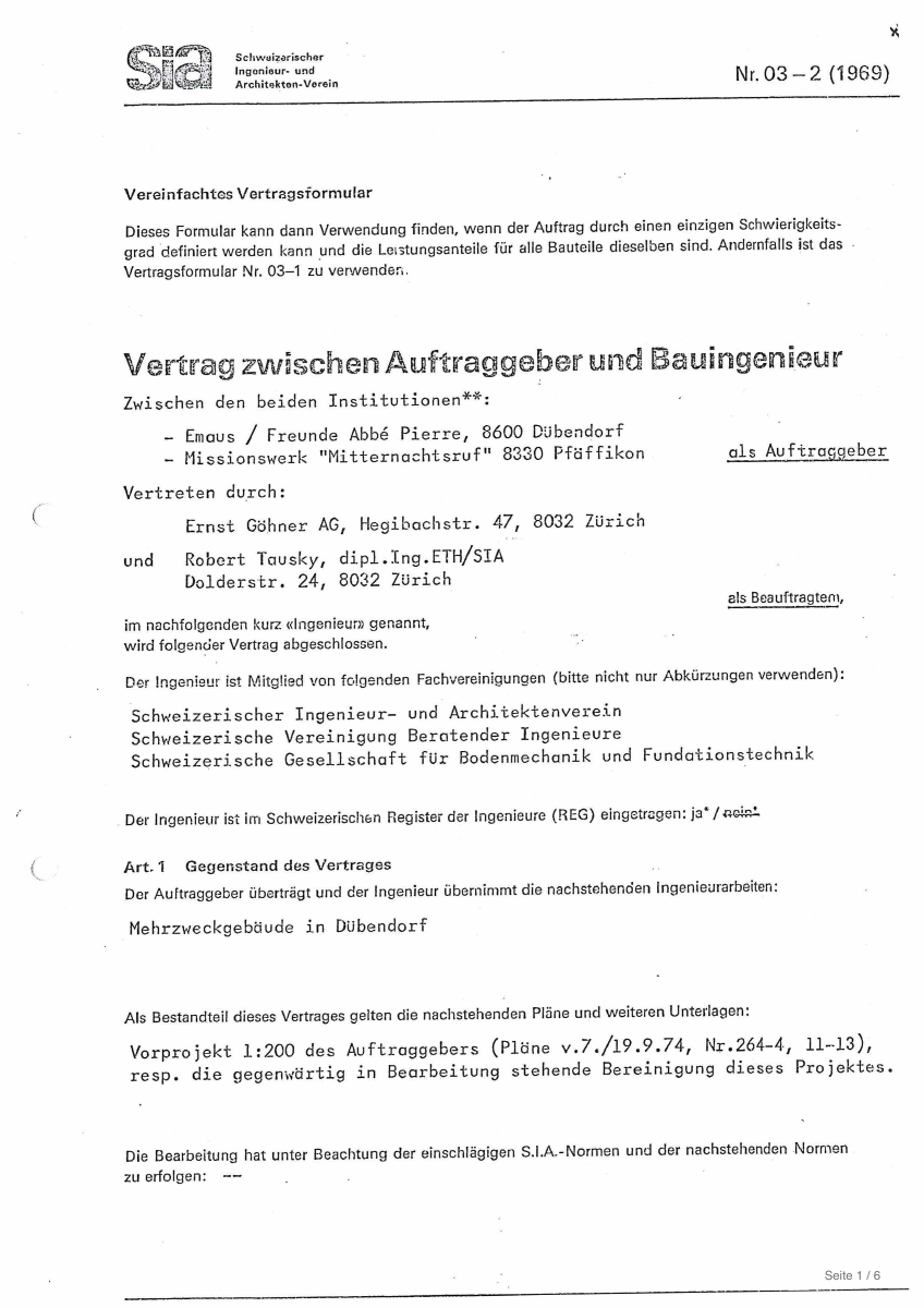 Erste Seite: Vertrag mit dem Ingenieurbüro Tausky