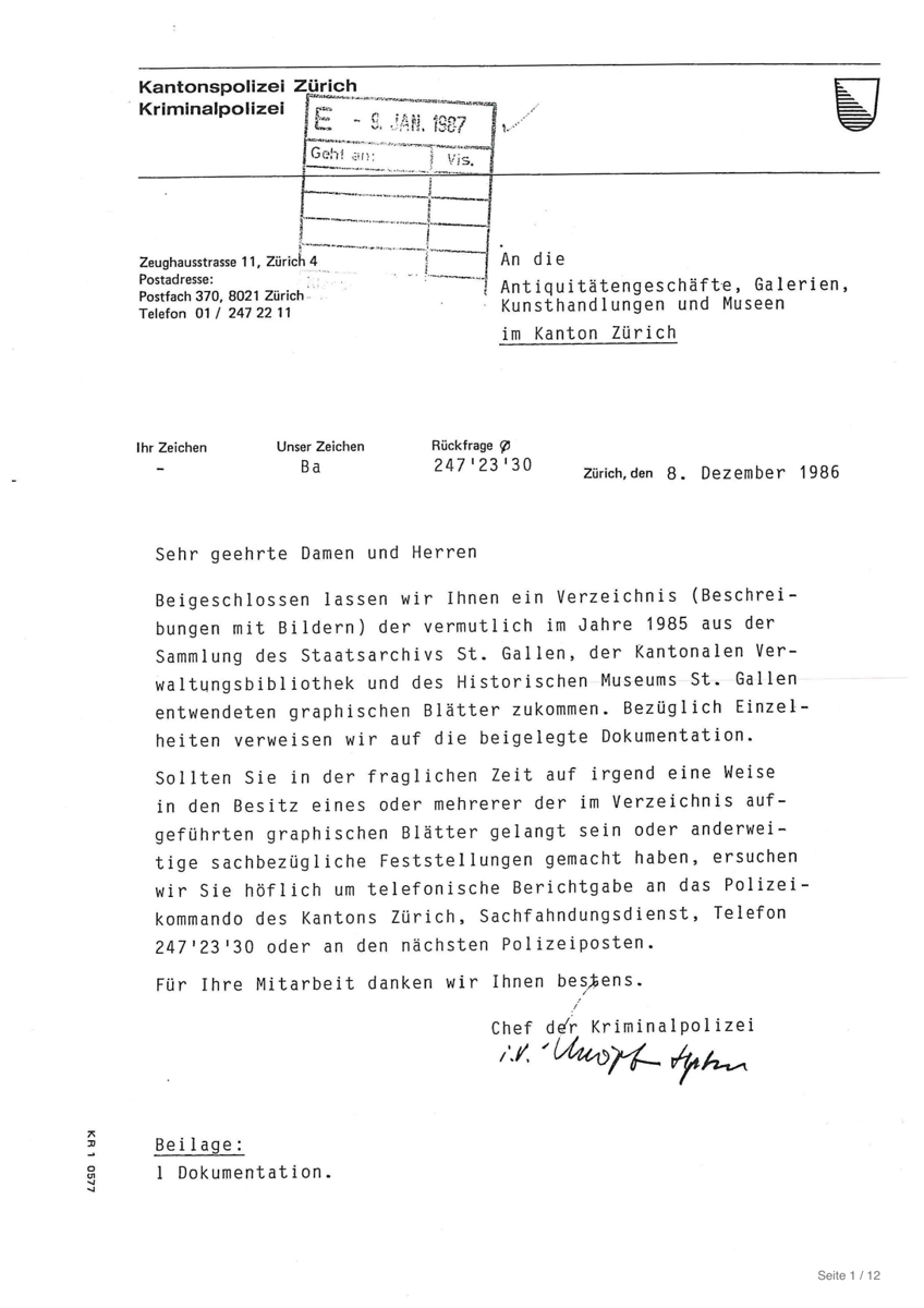 Erste Seite: Rundschreiben der Kantonspolizei Zürich an den Antiquitätenhandel — auch ans Brockenhaus
