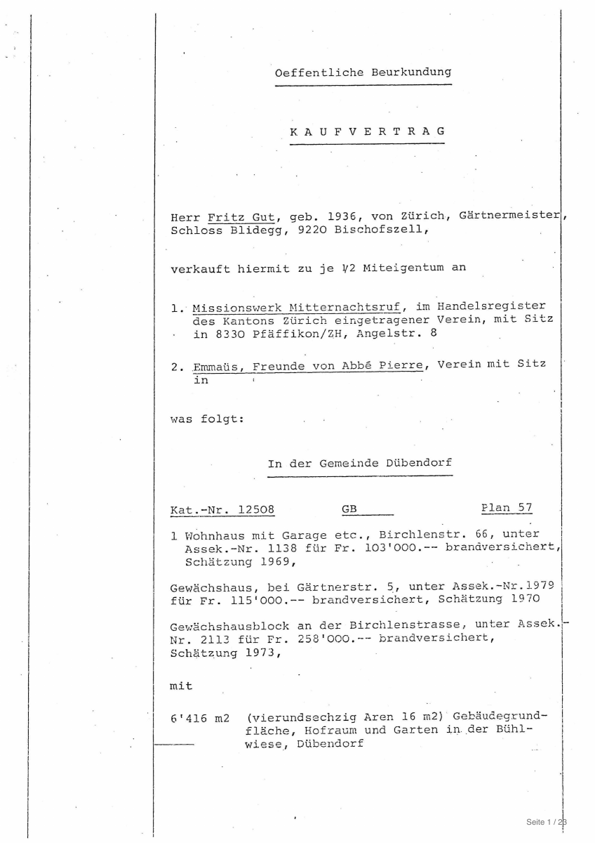 Erste Seite: Kauf des Grundstücks in Dübendorf