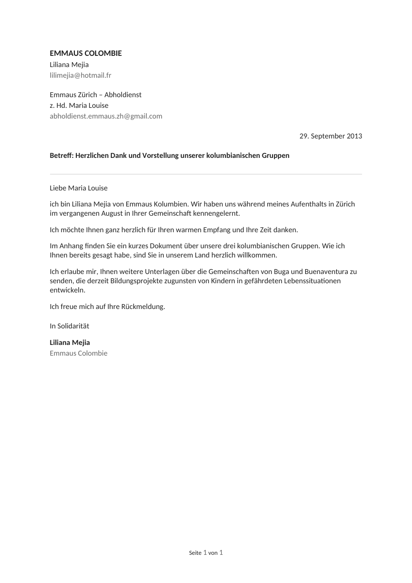 Erste Seite (deutsche Übersetzung): E-Mail von Emmaus Kolumbien nach dem Besuch in Zürich