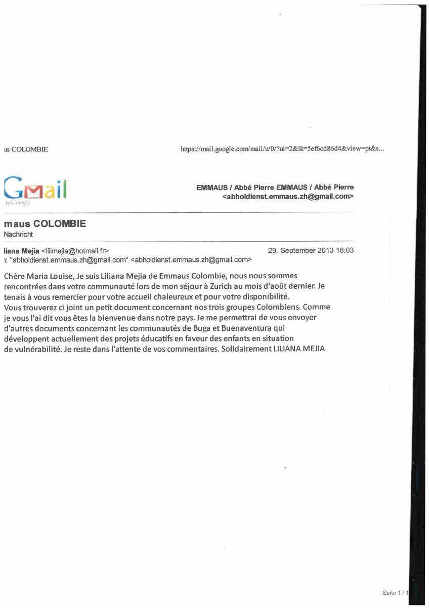 Erste Seite (Original): E-Mail von Emmaus Kolumbien nach dem Besuch in Zürich