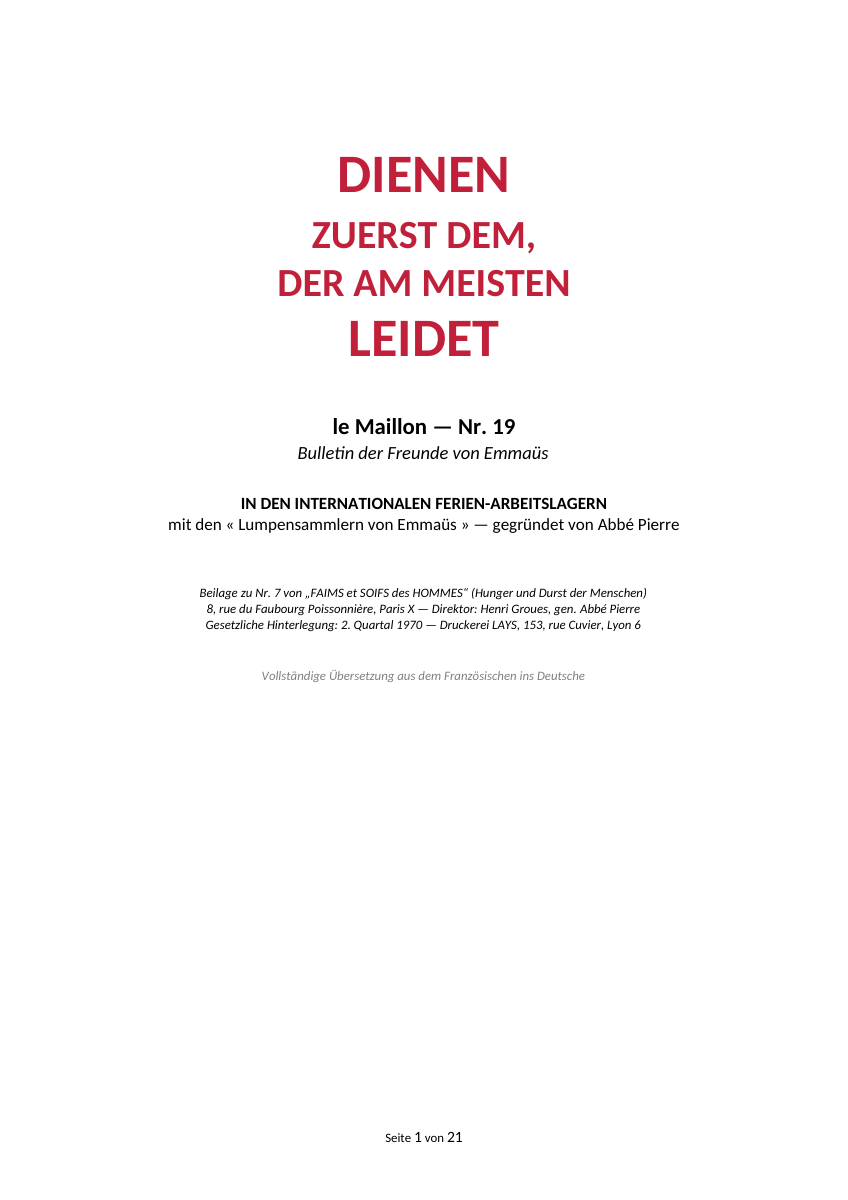 Erste Seite (deutsche Übersetzung): Bulletin der Freunde von Emmaüs mit handschriftlichem Brief von Abbé Pierre