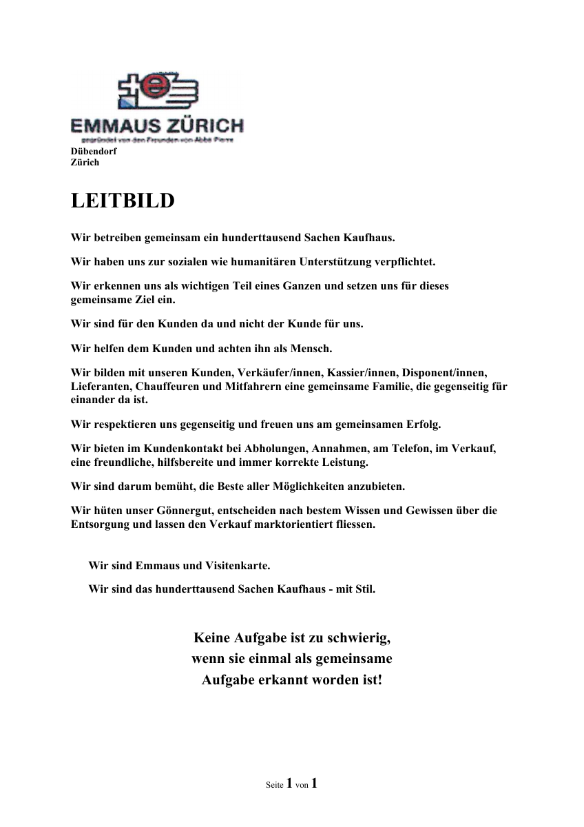 Erste Seite: Das Leitbild des Wohltätigkeitsvereins EMMAUS Zürich