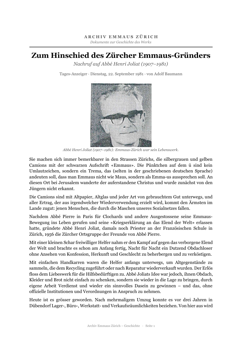 Erste Seite: Nachruf auf Abbé Henri Joliat aus dem Tages-Anzeiger