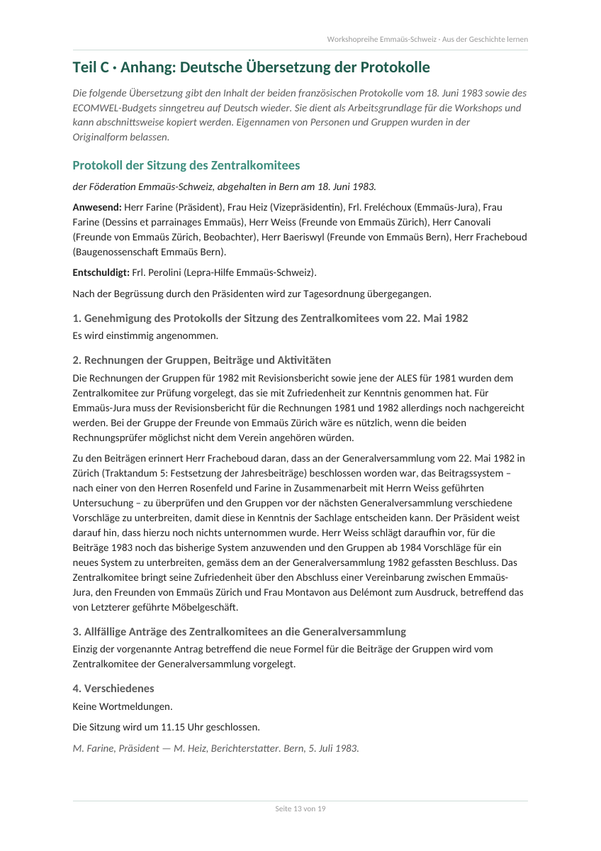 Erste Seite (deutsche Übersetzung): Protokoll der Generalversammlung Emmaüs-Suisse, Bern, 18. Juni 1983