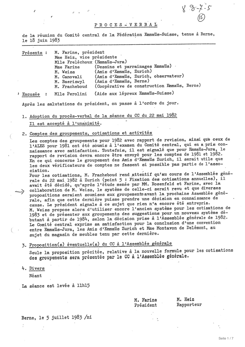 Erste Seite (Original): Protokoll der Generalversammlung Emmaüs-Suisse, Bern, 18. Juni 1983
