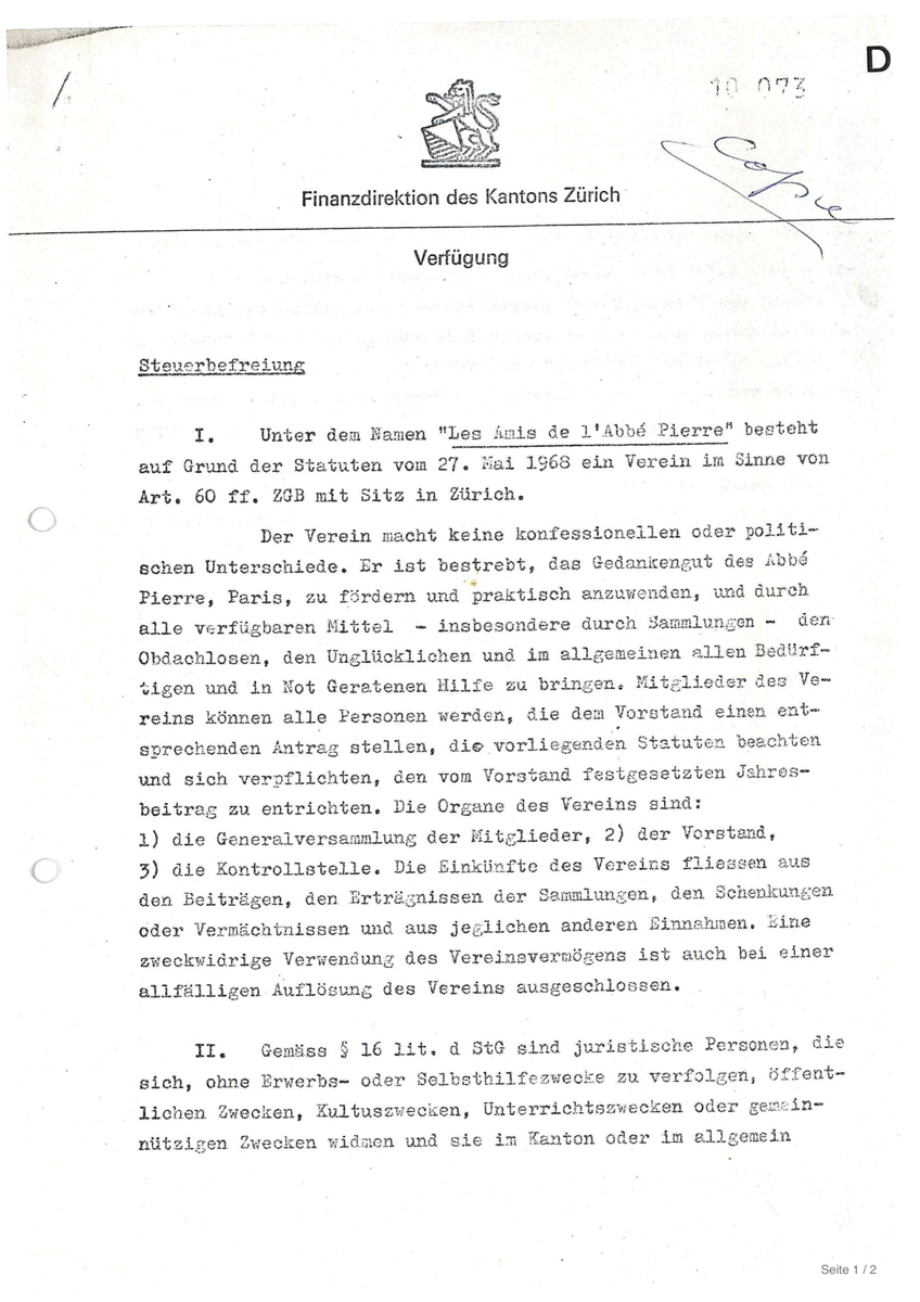 Erste Seite: Verfügung der Finanzdirektion des Kantons Zürich, 16. Februar 1970