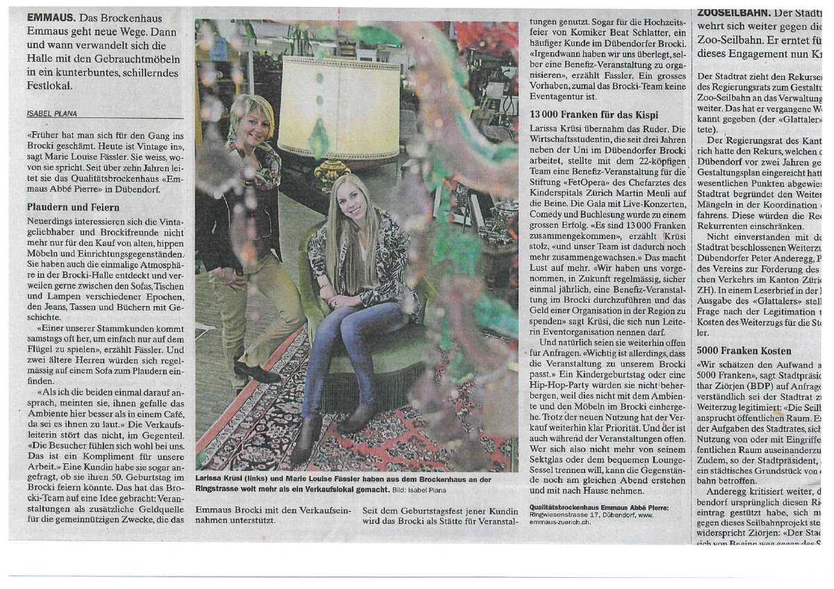 Erste Seite: Drei Presseartikel: Brocki-Halle als Festlokal («Glattaler»), «Winzige Boutique» (Tages-Anzeiger, 2007) und «Erfolgreicher Start» zur Eröffnung in Hausen (Badener Tagblatt)