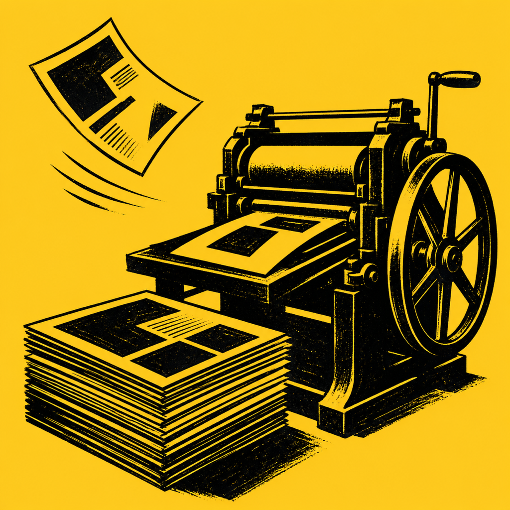 Linolschnitt: Bulletins an der Druckpresse