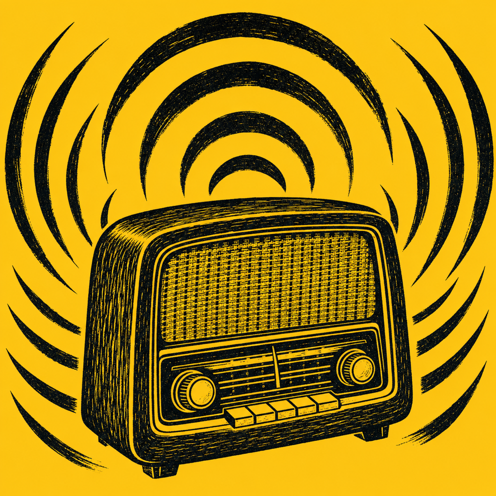 Linolschnitt: Röhrenradio mit Schallwellen
