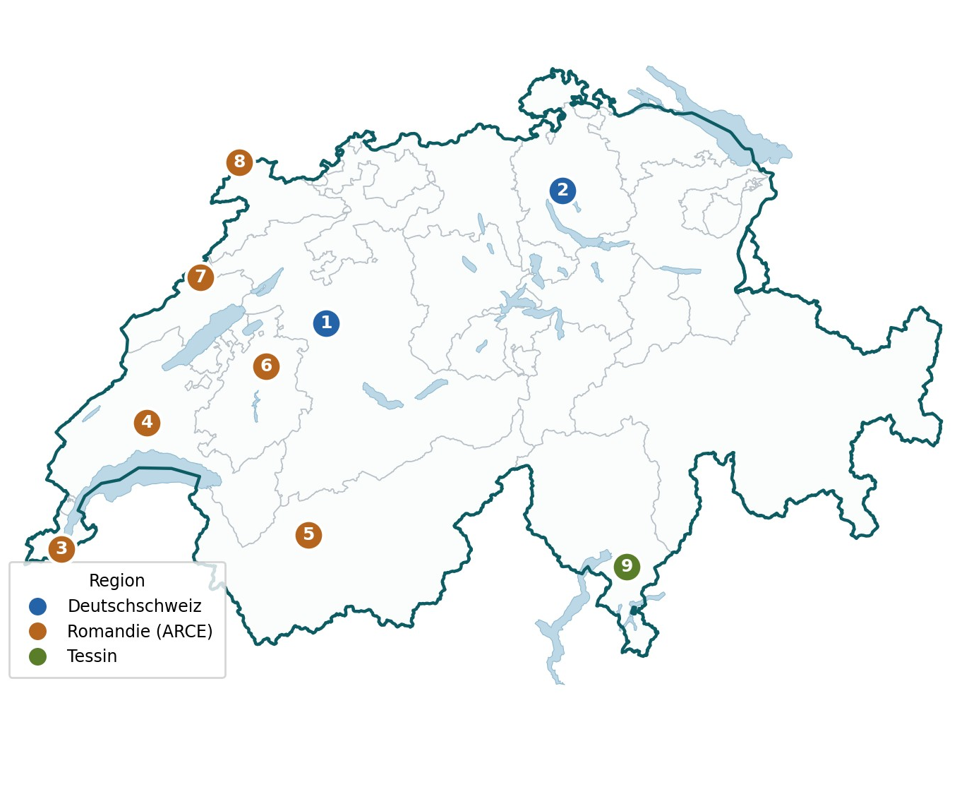 Karte der Schweiz mit den neun Emmaus-Standorten